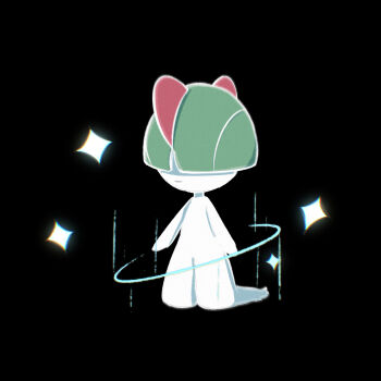 1other :| arms_at_sides black_background blunt_bangs bowl_cut candle_(allotas) chromatic_aberration closed_mouth colored_skin covered_eyes expressionless full_body gen_3_pokemon green_hair hair_over_eyes highres nintendo other_focus pokemon pokemon_(creature) ralts short_hair simple_background solo sparkle standing white_skin