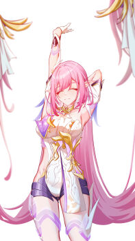 1girl absurdres black_shorts breasts chinese_commentary commentary_request corset elf elysia_(herrscher_of_human:_ego)_(honkai_impact) elysia_(honkai_impact) highres honkai_(series) honkai_impact_3rd large_breasts long_hair pink_hair pointy_ears short_shorts shorts simple_background solo stretching thigh_strap thighs triquetra very_long_hair white_background white_corset wuling_yl