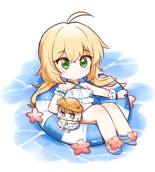 1boy 1girl ahoge artoria_caster_(fate) artoria_pendragon_(fate) bikini blonde_hair cape chibi commentary fate/grand_order fate_(series) flower frilled_bikini frills fur_cape green_eyes grey_hair hat innertube oberon_(fate) oberon_(second_ascension)_(fate) rabi_(swordofthestone) sun_hat swim_ring swimsuit twintails