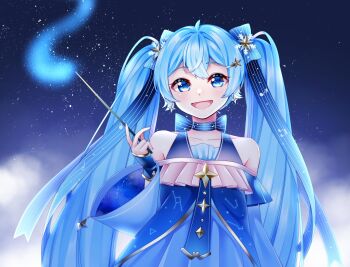 1girl ahoge bare_shoulders barefoot blue_dress blue_eyes blue_hair blush bow breasts collarbone commentary_request dress hair_between_eyes hair_bow hair_ornament hatsune_miku highres holding holding_wand long_hair long_sleeves looking_at_viewer masumofu night night_sky official_alternate_costume official_alternate_hairstyle open_mouth sky sleeveless sleeveless_dress small_breasts smile solo star_(symbol) star_hair_ornament twintails vocaloid wand wide_sleeves yuki_miku yuki_miku_(2017)