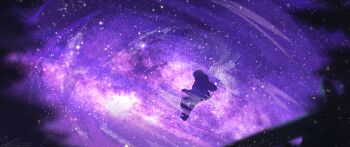 Rule 34 | 1other, black hoodie, commentary, dutch angle, english commentary, floating, forest, from below, full body, galaxy, hood, hood up, hoodie, landscape, milky way, nature, night, night sky, original, outdoors, outstretched arms, painterly, purple theme, scenery, shoes, sitting on fence, sky, sky focus, sneakers, solo, star (sky), starry sky, surreal, swirl, zandra