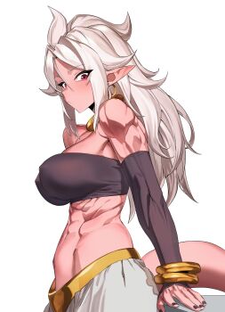 Rule 34 | absurdres, android 21, bare shoulders, black tube top, breasts, colored skin, commentary, covered erect nipples, dragon ball, dragon ball fighterz, earrings, grey hair, highres, hoop earrings, jewelry, large breasts, long hair, majin android 21, muscular, muscular female, pants, pink skin, pink tail, pointy ears, red eyes, strapless, tube top, white pants, zequungabs