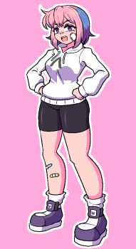 1girl bandaid bandaid_on_face bandaid_on_leg bandaid_on_nose black_shorts blue_hair borrowed_character eyeshadow gauze gauze_on_cheek hands_on_own_hips hood hood_down hoodie looking_at_viewer mole mole_under_eye open_mouth original outline pink_background pink_hair purple_eyes purple_eyeshadow purple_shoes quarium shoes shorts simple_background smile socks solo teeth upper_teeth_only white_hoodie white_outline white_socks