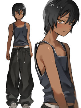 1boy bare_arms bare_shoulders black_hair black_pants blush brown_eyes closed_mouth commentary_request dark-skinned_male dark_skin drawstring full_body grey_background grey_tank_top hair_between_eyes highres looking_at_viewer m1_tsuru male_focus male_underwear male_underwear_peek midriff_peek multiple_views original pants shirase_aoi_(m1_tsuru) short_hair simple_background standing sweatpants tank_top underwear