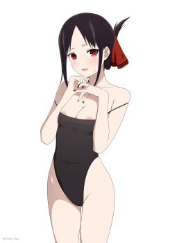 1girl areola_slip black_hair black_nails breasts cleavage coro_fae folded_ponytail hands_up highleg highleg_one-piece_swimsuit highres kaguya-sama_wa_kokurasetai_~tensai-tachi_no_renai_zunousen~ looking_at_viewer one-piece_swimsuit open_mouth red_eyes shinomiya_kaguya simple_background small_breasts solo swimsuit white_background