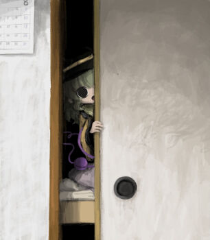 1girl :d bed black_eyes black_hat calendar_(object) commentary_request contrast_collar frilled_shirt_collar frills green_hair hat hat_ribbon heripantomorrow indoors komeiji_koishi long_sleeves looking_at_viewer medium_hair one_eye_covered open_mouth peeking_out ribbon shirt sliding_doors smile solo third_eye touhou wide_sleeves yellow_ribbon yellow_shirt