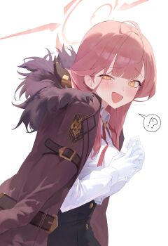!? ahoge aru_(blue_archive) blouse blue_archive blush bow breasts buckle collared_shirt emblem eyelashes fur-trimmed_jacket fur_trim gloves gold_buttons halo highres horns jacket jacket_on_shoulders large_breasts long_coat long_hair looking_at_viewer neck_ribbon nervous nervous_smile open_mouth pencil_skirt pink_hair pink_halo raised_inner_eyebrows red_bow ribbon shirt skirt small_sweatdrop smile uneven_eyes white_gloves white_shirt yellow_eyes yu_(ba9ama)