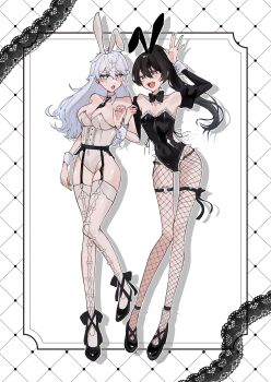 2girls animal_ears arm_up black_hair black_shoes blue_eyes blush commentary detached_sleeves ensemble_stars! fishnet_pantyhose fishnets full_body garter_belt genderswap genderswap_(mtf) grey_hair hair_between_eyes high_heels highres long_hair looking_at_another multiple_girls oobakayarou1_2 open_mouth orange_eyes pantyhose playboy_bunny ponytail rabbit_ears sakuma_ritsu sena_izumi_(ensemble_stars!) shoes smile standing standing_on_one_leg teeth thigh_strap thighhighs upper_teeth_only white_thighhighs white_wrist_cuffs wrist_cuffs