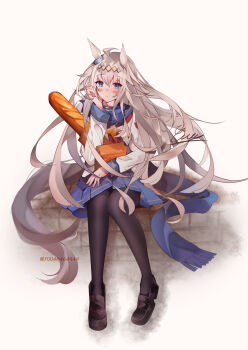 1girl absurdres ahoge animal_ears bag baguette black_pantyhose blue_eyes blue_sailor_collar blue_skirt blush bread brooch commentary_request ear_ornament food grey_hair grey_tail hair_between_eyes hair_ornament hairband highres horse_ears horse_girl horse_tail jacket jewelry long_hair long_sleeves looking_at_viewer multicolored_hair neckerchief oguri_cap_(starlight_beat)_(umamusume) oguri_cap_(umamusume) pantyhose parted_lips pleated_skirt red_neckerchief sailor_collar shirt sitting skirt solo star_brooch tail umamusume white_jacket white_shirt yuu46464949