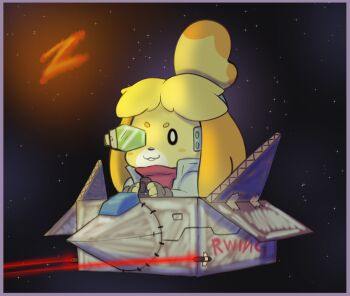 1girl :3 animal_crossing arwing blush_stickers chibi commentary controller cosplay dog_girl english_commentary falco_lombardi falco_lombardi_(cosplay) female_focus furry furry_female highres isabelle_(animal_crossing) joystick laser laser_pointer laser_pointer_projection nintendo o_o scarf scouter snout solo star_fox super_smash_bros. topknot