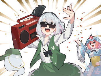 2girls :d arm_up arms_up basket black_hairband black_ribbon blue_hat blue_kimono boombox buttons carrying_over_shoulder chain chain_necklace collared_shirt commentary_request confetti emphasis_lines frilled_skirt frills green_hat green_skirt green_vest grey_hair hair_between_eyes hair_ribbon hairband hat hitodama_print holding holding_basket japanese_clothes jewelry kanpa_(campagne_9) kimono konpaku_youmu konpaku_youmu_(ghost) long_sleeves medium_hair mob_cap multiple_girls neck_ribbon necklace open_clothes open_mouth open_vest pink_hair ribbon saigyouji_yuyuko shirt skirt smile sunburst sunburst_background sunglasses teeth throwing throwing_confetti touhou triangular_headpiece upper_teeth_only v-shaped_eyebrows vest white_shirt wide_sleeves