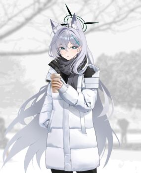 1girl absurdres animal_ear_fluff animal_ears black_scarf blue_archive blue_eyes broken_halo coat commentary commentary_request cross cross_hair_ornament cup dark_halo disposable_cup extra_ears grey_hair hair_between_eyes hair_ornament halo hand_in_pocket highres holding holding_cup inverted_cross korean_commentary long_hair magya416 mismatched_pupils mixed-language_commentary padded_coat partial_commentary scarf shiroko_terror_(blue_archive) sideways_glance solo very_long_hair white_coat wolf_ears wolf_girl