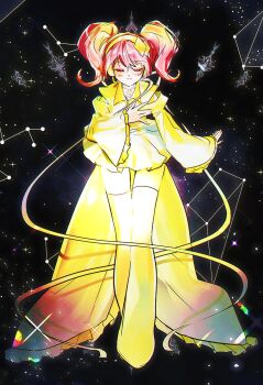 Rule 34 | 1girl, boots, closed eyes, commentary request, constellation, full body, hairband, hand on own chest, highres, hinamori amu, long hair, mxhxkxcx, pink hair, shugo chara!, skirt, sleeves past wrists, solo, star (sky), thigh boots, twintails, yellow boots, yellow skirt
