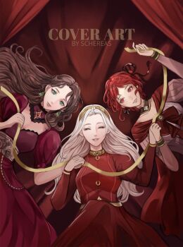 Rule 34 | 3girls, alternate costume, braid, breasts, brown hair, cleavage, closed eyes, closed mouth, curtains, detached collar, dorothea arnault, dorothea arnault (timeskip), dress, earrings, edelgard von hresvelg, edelgard von hresvelg (timeskip), english text, fire emblem, fire emblem: three houses, fire emblem warriors: three hopes, green eyes, hair ribbon, happy, headdress, headpiece, jewelry, juliet sleeves, long sleeves, looking at viewer, looking to the side, lying, medium breasts, monica von ochs, multiple girls, nintendo, official alternate costume, official alternate hairstyle, on back, parted bangs, parted lips, puffy sleeves, red dress, red eyes, red hair, ribbon, schereas, short hair, smile, upper body, wavy hair, white hair