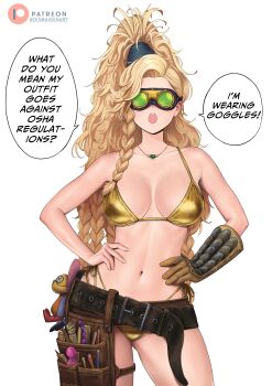 1girl absurdres bikini blonde_hair braid breasts brown_gloves commentary cowboy_shot dismaiden english_commentary english_text freckles gemma_(monster_hunter_wilds) gloves goggles gold_bikini hands_on_own_hips high_ponytail highres jewelry large_breasts leather_belt long_hair monster_hunter_(series) monster_hunter_wilds multiple_braids navel necklace open_mouth patreon_logo patreon_username ponytail simple_background single_glove solo speech_bubble stomach swimsuit teeth thighs tool_belt tools upper_teeth_only very_long_hair white_background