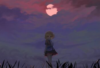 1girl blonde_hair commentary_request dokomon green_eyes highres korean_commentary mizuhashi_parsee moon scarf short_hair skirt sky solo standing subterranean_animism touhou wide_shot
