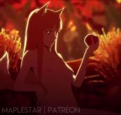 1girl animal_ears animated apple breasts brown_hair eating fang food fruit holo long_hair looking_at_viewer lowres maplestar nipples nude outdoors red_eyes skin_fang small_breasts smile solo sound spice_and_wolf sunset tagme tail video wolf_ears wolf_tail