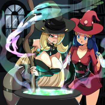 alternate_costume blonde_hair breasts cynthia_(pokemon) dawn_(pokemon) hat highres large_breasts nintendo pokemon witch witch_hat zuchysdraws