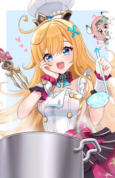 2girls :d absurdres ahoge amaneko_(amaneko_y) animal_ears apron aqua_hair black_bow black_bowtie black_headband blonde_hair blue_eyes blue_gemstone blush bow bowtie breasts buttons chibi commentary_request cooking_pot cow_ears cow_girl cow_horns cow_tail crack double-breasted drooling escoffier_(genshin_impact) gem genshin_impact hair_between_eyes hand_on_own_face hat headband heart heart_in_eye highres holding holding_ladle horns ladle long_hair looking_at_viewer medium_breasts mouth_drool multicolored_hair multiple_girls open_mouth pink_hair red_bow smile solo_focus stock_pot streaked_hair symbol_in_eye tail tail_wagging triangle_mouth varesa_(genshin_impact) very_long_hair white_apron white_hat white_wrist_cuffs wrist_cuffs