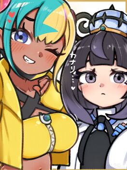2girls ;d amboomoon aqua_hair black_dress black_eyes black_hair blonde_hair blue_gloves blush canari_(pokemon) close-up closed_mouth coat crop_top cropped_jacket dark-skinned_female dark_skin dress eyelashes gloves gwynn_(pokemon) heart highres jacket long_sleeves looking_at_viewer mask_pull multicolored_hair multiple_girls nintendo one_eye_closed open_clothes open_coat open_jacket open_mouth partially_fingerless_gloves pokemon pokemon_legends:_z-a purple_eyes short_hair sleeves_past_wrists smile split-color_hair teeth upper_body white_coat yellow_jacket