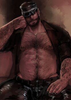 1boy abs amsokyo bara bare_pectorals beard bulge cowboy_shot dark-skinned_male dark_skin dominator_(bdsm) facial_hair full_beard hairy hat highres huge_pectorals kepi latex_pants looking_at_viewer male_focus mature_male military_hat muscular muscular_male navel navel_hair nipples open_clothes original pectorals solo standing stomach strongman_waist thick_beard thick_chest_hair thick_eyebrows thick_navel_hair tsurime very_hairy