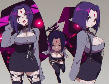 1girl aetherion animification belt bob_cut boots breasts chain cleavage cleavage_cutout closed_mouth clothing_cutout dc_comics facial_mark forehead_mark grey_shirt heart heart_o-ring inverted_bob knee_boots long_sleeves looking_at_viewer multiple_views o-ring open_mouth raven_(dc) shirt short_hair sleeves_past_fingers sleeves_past_wrists smile teen_titans thighhighs