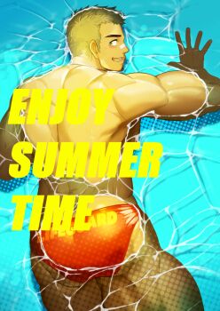 Rule 34 | 1boy, ass, bara, bare back, blonde hair, blush, english text, highres, lifeguard, looking at viewer, looking back, lying, male focus, male swimwear, muscular, muscular male, on stomach, original, partially submerged, pectorals, pool, red male swimwear, short hair, sideburns, sidepec, smile, solo, swim briefs, swimming, thick thighs, thighs, waku (ayamix)