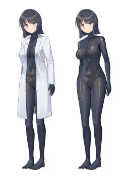 1girl black_bodysuit black_hair blue_eyes bodysuit breasts closed_mouth commentary_request covered_erect_nipples covered_navel gurande_(g-size) highres lab_coat large_breasts long_sleeves looking_at_viewer multiple_views no_shoes open_clothes original short_hair smile standing white_background