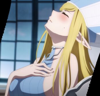 Rule 34 | 1girl, absurdres, annette (isekai shikkaku), bare shoulders, blonde hair, blue dress, breasts, closed eyes, collarbone, dress, elf, flustered, from side, hand on own chest, highres, in heat, isekai shikkaku, large breasts, parted lips, pointy ears, shoulder plates, sideboob, sidelocks, sleeveless, solo, stitched, sweatdrop, third-party edit