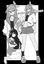 Rule 34 | 1other, 2girls, absurdres, aubrey (faraway) (omori), aubrey (headspace) (omori), aubrey (omori), baseball bat, black border, border, bow, collarbone, commentary, crop top, dress, full body, greyscale, hair bow, hairband, highres, jacket, kekel, long hair, looking at viewer, midriff, miniskirt, monochrome, mr. plantegg (omori), multiple girls, navel, omori, open clothes, open jacket, outside border, shoes, sidelocks, sitting, skirt, smile, sneakers, socks, standing, tank top, upper body, v-shaped eyebrows