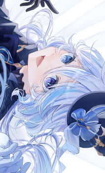 Rule 34 | 1girl, absurdres, asymmetrical gloves, blue bow, blue eyes, blue gem, blue hair, blue ribbon, bow, commentary, drop-shaped pupils, floating hair, furina (genshin impact), gem, genshin impact, gloves, hair between eyes, hand up, hat, highres, long hair, looking at viewer, mahiru yura, mismatched gloves, multicolored hair, open mouth, portrait, ribbon, smile, symbol-shaped pupils, top hat, two-tone hair