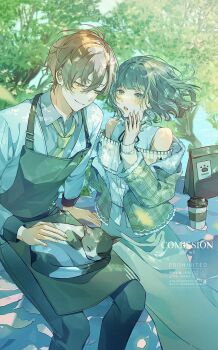 1boy 1girl absurdres apron bare_shoulders blue_eyes blunt_bangs blush bow bowtie brown_eyes brown_hair cat collared_shirt cup disposable_cup floating_hair hair_between_eyes highres long_skirt long_sleeves looking_at_another mameko_(l8_w3) medium_hair original pants parted_lips shirt short_hair skirt wavy_hair yellow_bow yellow_bowtie