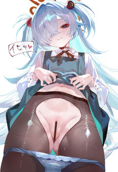 1girl absurdres bar_censor black_pantyhose blue_archive brown_eyes brown_halo brown_ribbon censored clothes_lift collared_shirt cowboy_shot crotchless crotchless_pantyhose dress dress_lift grey_dress grey_hair hair_over_one_eye halo highres kanoe_(blue_archive) lifting_own_clothes long_hair long_sleeves looking_at_viewer neck_ribbon panties panties_over_pantyhose panty_pull pantyhose parted_lips pinafore_dress puffy_long_sleeves puffy_sleeves pussy ribbon scar scar_on_neck shirt simple_background sleeveless sleeveless_dress solo speech_bubble suujiniku two_side_up underwear white_background white_panties white_shirt