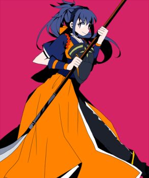 Rule 34 | 1girl, armor, blue hair, fire emblem, fire emblem fates, hair between eyes, high ponytail, hio141, holding, holding polearm, holding weapon, japanese armor, japanese clothes, long hair, looking at viewer, lowres, naginata, nintendo, oboro (fire emblem), polearm, ponytail, smile, solo, weapon