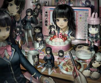 1girl absurdly_detailed_composition absurdres birthday black_hair bow bowtie cake character_doll computer computer_mouse confetti cup doll figure food grey_eyes highres ikuta41 jacket lapels laptop loaded_interior long_hair looking_at_viewer multiple_views nijisanji official_alternate_costume plaid_clothes plaid_lapels school_uniform skirt smile surreal table thighhighs through_medium through_screen tsukino_mito tsukino_mito_(1st_costume) virtual_youtuber wand_lighter white_thighhighs zettai_ryouiki