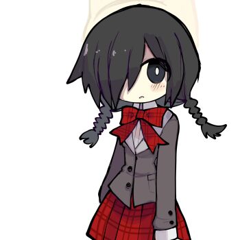 1girl animal_hat black_eyes bowtie braid bright_pupils brown_jacket buttons from_side funamusea hair_over_one_eye hat jacket kurai_yonaka light_blush looking_at_viewer lord_prosciutto mogeko_castle open_mouth plaid_bow plaid_bowtie plaid_clothes plaid_skirt red_bow red_bowtie red_skirt sam_(sillylinariafan) school_uniform simple_background skirt solo twin_braids white_background white_pupils yellow_hat