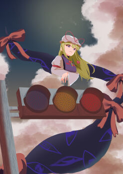 Rule 34 | 1girl, absurdres, blonde hair, bow, closed mouth, cloud, commentary request, dress, gap (touhou), gasubanana, hair bow, hat, hat ribbon, highres, long hair, long sleeves, looking at viewer, mob cap, outdoors, purple tabard, red bow, red ribbon, ribbon, solo, tabard, touhou, traffic light, upper body, white dress, white hat, wide sleeves, yakumo yukari