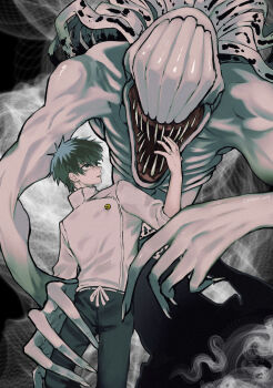 Rule 34 | 1boy, black hair, black pants, commentary request, cursed spirit (jujutsu kaisen), high collar, highres, jacket, jujutsu kaisen, looking at another, monster, okkotsu yuta, orimoto rika, pants, ryou 08, shikigami, short hair, teeth, white jacket