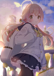 Rule 34 | 1girl, backpack, bag, black pantyhose, black sailor collar, black skirt, blue archive, brown eyes, buttons, cardigan, closed mouth, cowboy shot, hair between eyes, halo, hifumi (blue archive), highres, light brown hair, long hair, long sleeves, looking at viewer, low twintails, mikumiku37, outdoors, pantyhose, pleated skirt, sailor collar, skirt, smile, solo, twintails, white cardigan, yellow halo