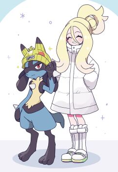 Rule 34 | 1girl, character hat, closed eyes, coat, commentary, full body, gen 1 pokemon, gen 4 pokemon, hair between eyes, hair bun, hands in pockets, hat, highres, korrina (pokemon), long sleeves, lucario, nintendo, pikachu, pokemon, pokemon (creature), pokemon legends: z-a, red eyes, shoes, sidelocks, smile, spikes, standing, symbol-only commentary, white coat, white shoes, yellow hat, yoshishi (yosisitoho)