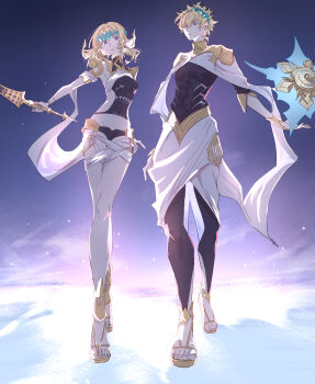 1boy 1girl absurdres armlet backlighting black_pants black_shirt blonde_hair blue_eyes bracelet breasts bridal_gauntlets brother_and_sister castor_(fate) chakram collar dpw6p39pwizgzdz fate/grand_order fate_(series) full_body halterneck highres jewelry laurel_crown looking_at_viewer medium_breasts medium_hair metal_collar pants pollux_(fate) robe sandals shirt short_hair siblings sword twins weapon white_robe