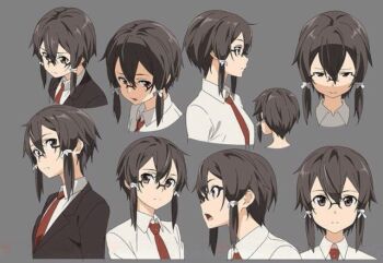 Rule 34 | 1girl, closed mouth, from above, glasses, grey background, hair ornament, looking at viewer, looking to the side, multiple girls, necktie, official art, open mouth, red necktie, shirt, short hair, simple background, sinon, source request, sword art online, tagme, white shirt