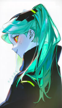 commentary cracked_skin cyberpunk:_edgerunners cyberpunk_(series) gk4040404 green_hair head_tilt highres jacket lipstick looking_at_viewer makeup profile rebecca_(cyberpunk) smile twintails wuthering_waves yellow_eyes