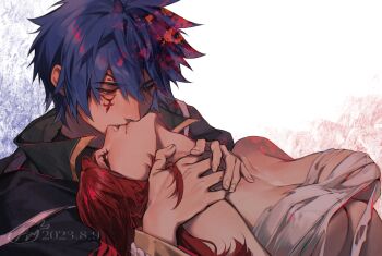 Rule 34 | 1boy, 1girl, bare arms, bare shoulders, black cape, black coat, black shirt, blue background, blue hair, breasts, cape, chest sarashi, close-up, coat, colored skin, commentary, dated, erza scarlet, facial tattoo, fairy tail, fingernails, half-closed eyes, hetero, highres, hug, hug from behind, jellal fernandes, kiss, large breasts, leaning on person, light smile, long hair, neck grab, pink lips, red background, red eyes, red hair, sarashi, shirt, short hair, tattoo, torn sarashi, upper body, white background, white skin, xuchuan