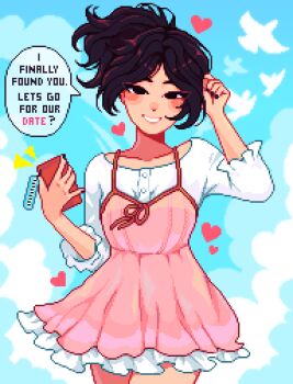 1girl absurdres artist_self-insert bird black_eyes black_hair black_nails blush commentary cowboy_shot day dress english_commentary english_text heart highres holding holding_phone medium_hair nail_polish original outdoors phone pink_dress pixel_art ponytail shirt smile solo speech_bubble standing white_shirt yumykon