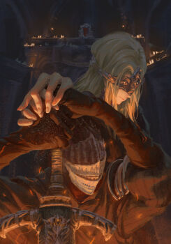 Rule 34 | 1boy, 1girl, absurdres, armor, ashen one (dark souls), black dress, blindfold mask, blonde hair, breastplate, capelet, closed mouth, covered eyes, dark souls (series), dark souls iii, dress, fire keeper, full armor, grey hair, highres, holding, holding weapon, jewelry, knight, long hair, mask, necklace, solo, sword, weapon