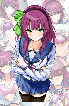 >:( ... 1girl angel_beats! anger_vein bare_shoulders bed black_hairband black_thighhighs blue_sailor_collar blue_skirt blunt_bangs blush bottomless bow bra breasts breasts_apart breasts_squeezed_together can canned_coffee cleavage closed_mouth clothes_lift collarbone company_name cowboy_shot crossed_arms drink_can dutch_angle embarrassed frown grabbing_own_breast green_bow green_eyes groin hair_bow hairband hands_up key_(company) lace lace-trimmed_bra lace_trim large_breasts light_frown long_sleeves looking_at_viewer looking_down medium_breasts medium_hair nakamura_yuri navel nose_blush on_bed open_clothes open_shirt panties pink_bra pink_panties purple_bra purple_hair purple_panties recording sailor_collar sexually_suggestive shinda_sekai_sensen_uniform shirt shirt_lift sidelocks simple_background skirt split_mouth steam stomach straight_hair sweatdrop thighhighs thighs underwear undressing unworn_skirt v-shaped_eyebrows voyeurism white_background white_shirt zenoo