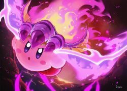 Rule 34 | blush stickers, colored skin, copy ability, dragon wings, embers, fire, fire kirby, glowing, glowing wings, highres, kirby, kirby (series), kirby and the forgotten land, looking at viewer, nintendo, no humans, pink skin, purple fire, signature, solo, wings, yuni (unitary 580)