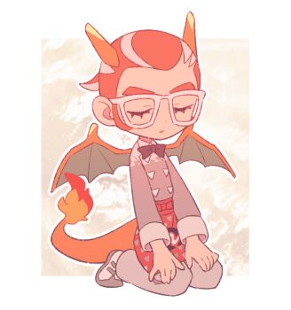 1boy apron charizard chibi chibi_only closed_eyes dragon_horns dragon_tail dragon_wings fire flame-tipped_tail full_body gen_1_pokemon glasses grey_pants grey_shirt grisham_(pokemon) hair_pulled_back horns kneeling lower_eyelashes_only male_focus minashirazu multicolored_hair nintendo orange_tail pants parted_lips pokemon pokemon_legends:_z-a ponytail red_hair shirt short_ponytail solo tail two-tone_hair waist_apron white-framed_eyewear white_hair wings