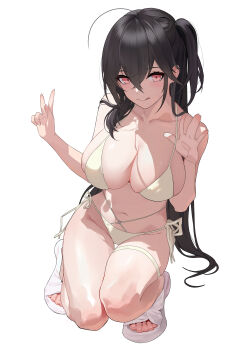 1girl absurdres ahoge azur_lane bare_shoulders bikini black_hair breasts cleavage collarbone commentary_request criss-cross_straps hair_between_eyes highres huge_breasts long_hair looking_at_viewer navel official_alternate_costume red_eyes simple_background solo squatting_v_pose_(han-0v0) strap_pull string_bikini swimsuit taihou_(azur_lane) taihou_(seaside_daydreams)_(azur_lane) thigh_strap very_long_hair white_background white_bikini yomi1221